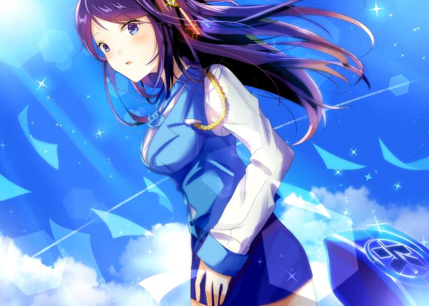 armband black_hair blue_vest highres krt_girls long_hair long_sleeves miniskirt one_side_up parted_bangs pencil_skirt skirt smile unworn_armband vest xiao_qiong