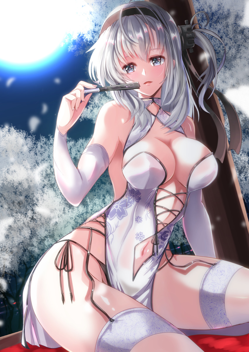 1girl absurdres black_hairband black_panties breasts cleavage clothing_cutout cross-laced_clothes cross-laced_cutout dress elbow_gloves fan_to_mouth folding_fan garter_straps gloves grey_eyes hair_through_headwear hairband hand_fan highres holding holding_fan kantai_collection kentan_(kingtaiki) long_hair looking_at_viewer medium_breasts moon navel navel_cutout night panties parted_lips pelvic_curtain petals side-tie_panties side_ponytail silver_hair sitting solo suzutsuki_(kancolle) thighhighs tree underwear white_dress white_gloves white_thighhighs