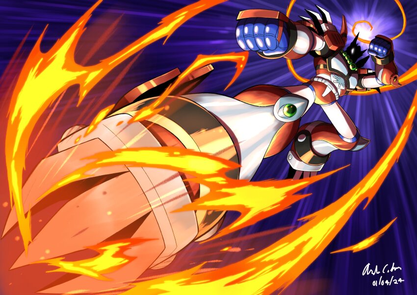 absurdres armor bead_necklace beads chinese_zodiac dated fire flying_kick highres innovator123 jewelry kicking magma_dragoon_(mega_man) mega_man_(series) mega_man_x_(series) necklace non-humanoid_robot robot robot_dragon shaded_face shoulder_armor signature simple_background year_of_the_dragon