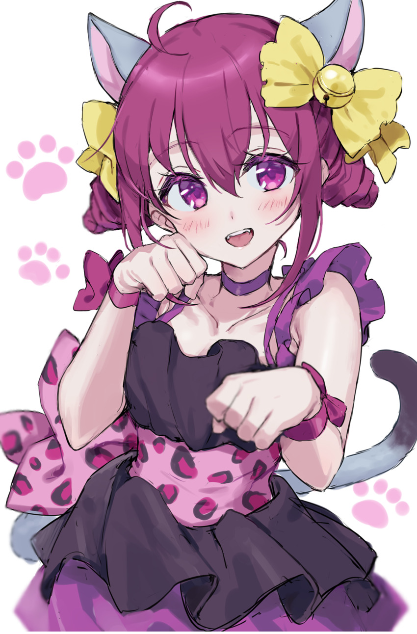 1girl ahoge animal_ears black_dress blush bow cat_ears cat_paws cat_tail choker cone_hair_bun dress hair_bow hair_bun highres hoshizora_miyuki jikai_ing medium_hair open_mouth pink_bow pink_eyes pink_hair precure purple_choker smile_precure! solo tail waist_bow wrist_cuffs yellow_bow