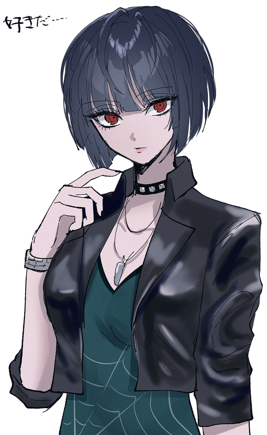 1girl armlet black_choker black_hair black_jacket blunt_bangs bob_cut choker commentary green_shirt highres jacket jewelry looking_at_viewer necklace persona persona_5 red_eyes shadow shimotsuki_niko shirt short_hair simple_background solo spider_web_print takemi_tae upper_body white_background