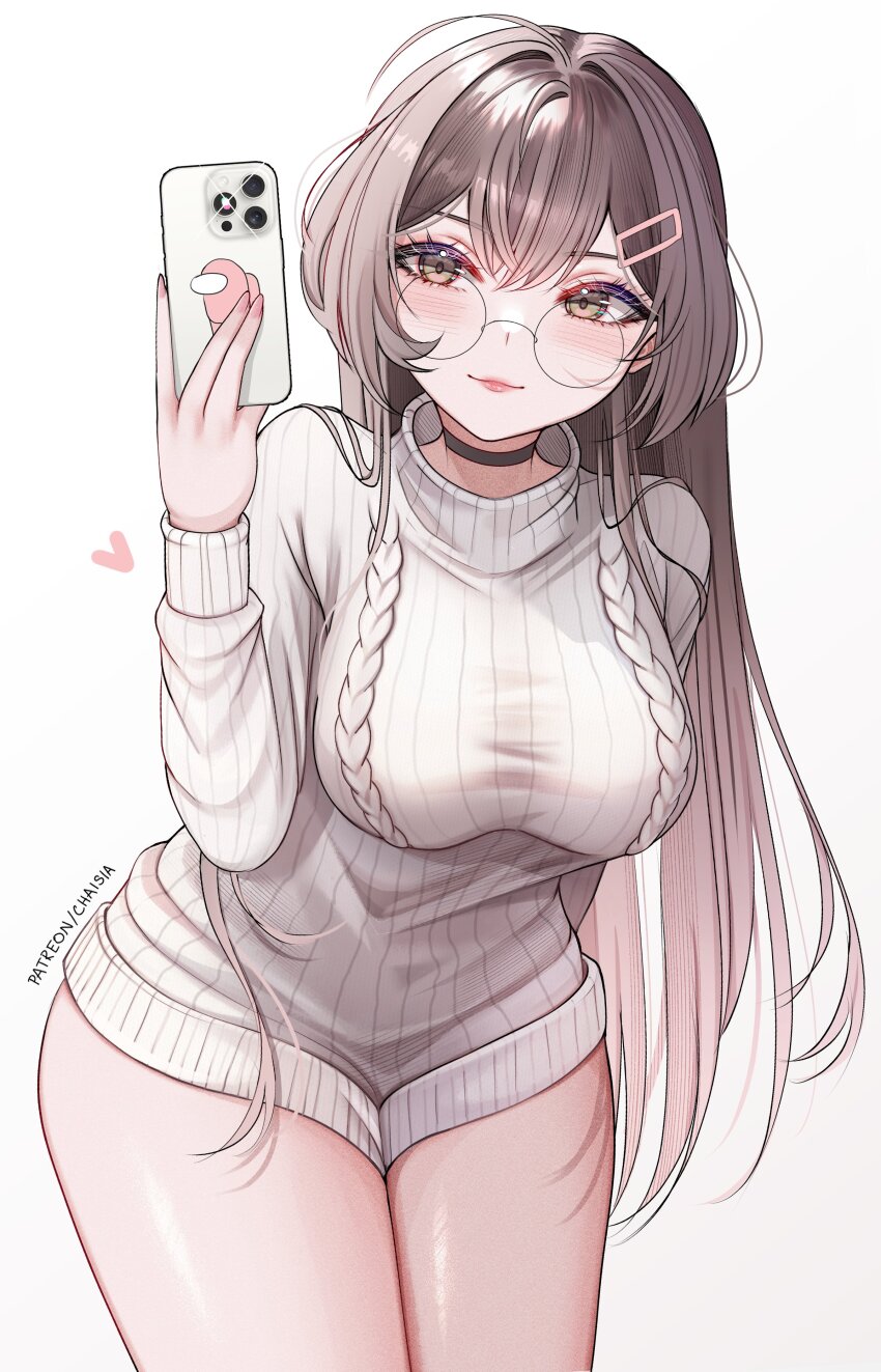 1girl absurdres among_us arm_behind_back black_choker blush breasts brown_eyes brown_hair cellphone chaisia_art choker closed_mouth commentary crewmate_(among_us) english_commentary fingernails glasses grey_sweater hair_between_eyes hand_up heart highres holding holding_phone large_breasts leaning_forward lips long_hair long_sleeves looking_at_viewer original paid_reward_available phone red_(among_us) round_eyewear simple_background solo sweater very_long_hair watermark web_address white_background