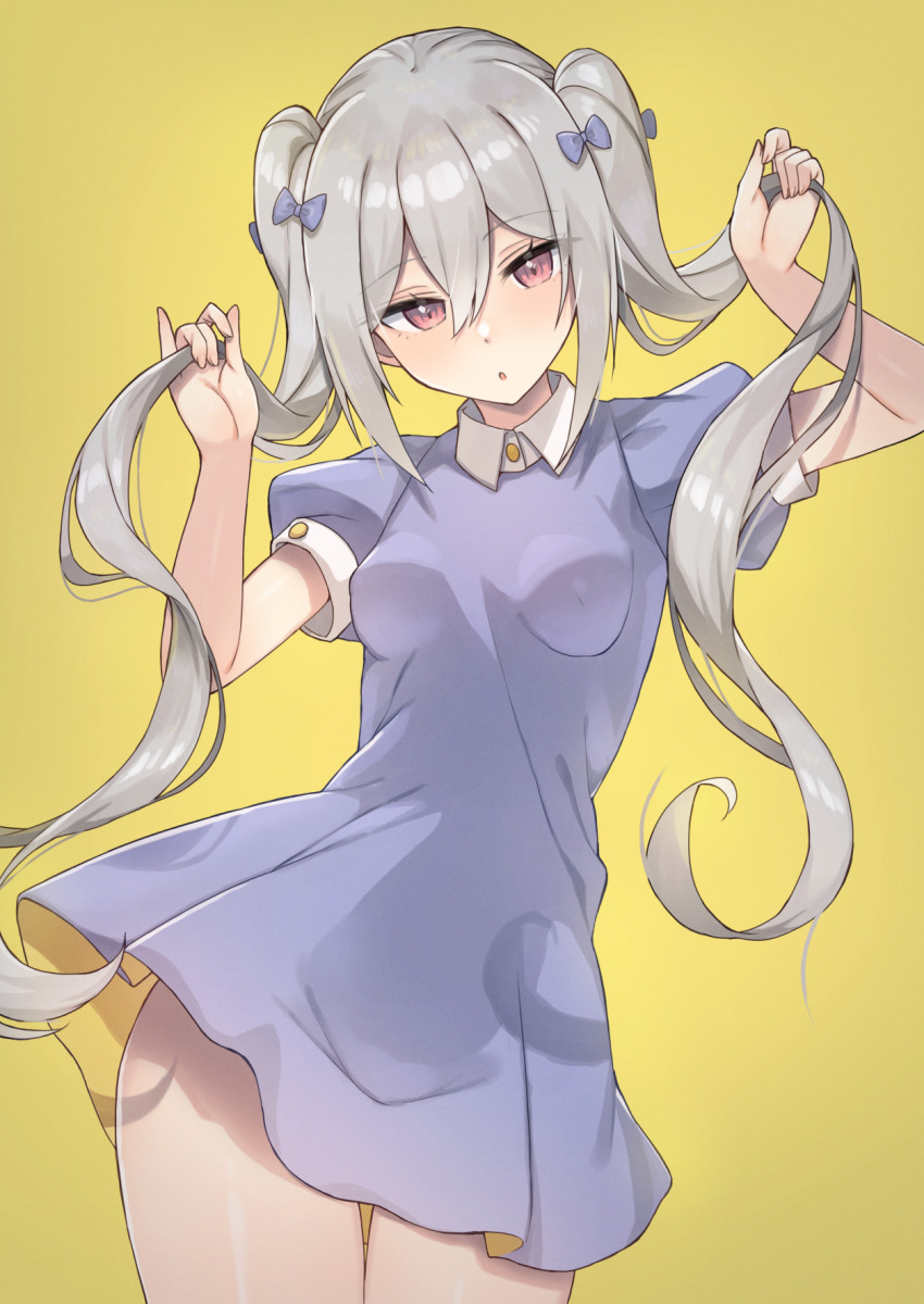 1girl :c blush bow breasts breasts_apart collared_dress contrapposto covered_erect_nipples cowboy_shot dress eichan_(eichanidfi) grey_hair hair_between_eyes hair_bow head_tilt highres holding holding_own_hair long_hair looking_at_viewer original puffy_short_sleeves puffy_sleeves purple_bow purple_dress raised_eyebrows red_eyes short_sleeves sidelocks simple_background small_breasts solo thigh_gap thighs twintails yellow_background