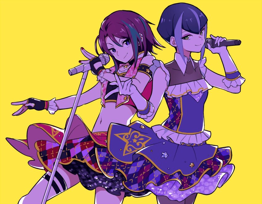 2girls aikatsu!_(series) aikatsu_stars! bad_id bad_twitter_id bare_shoulders breasts collared_dress cowboy_shot dress fingerless_gloves gloves green_eyes hair_between_eyes hand_up hibiki_anna holding holding_microphone holding_microphone_stand idol idol_clothes layered_skirt looking_at_viewer microphone microphone_stand multicolored_hair multiple_girls navel purple_dress purple_eyes purple_hair red_skirt shiontaso short_hair simple_background skirt small_breasts smile standing streaked_hair yachigusa_momoko yellow_background