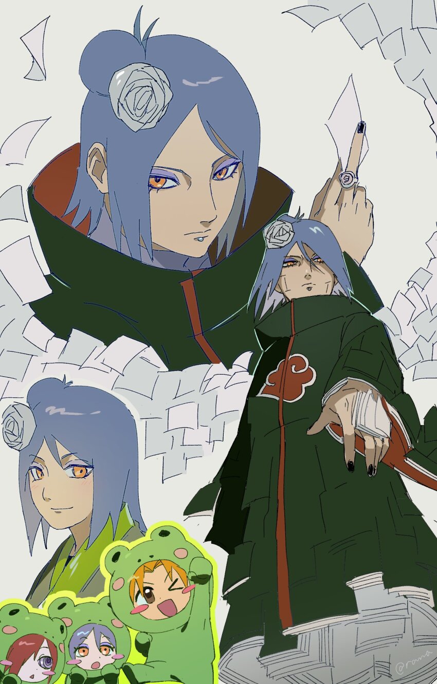 1girl 2boys :o ;d akatsuki_uniform animal_costume black_coat black_nails blue_eyeliner blue_hair blush_stickers closed_mouth coat commentary_request eyeliner flower frog_costume hair_flower hair_ornament hair_over_one_eye highres holding holding_paper konan_(naruto) long_sleeves makeup multiple_boys multiple_views nagato_(naruto) naruto_(series) naruto_shippuuden one_eye_closed open_mouth orange_eyes orange_hair paper piercing ramama522_(rama) red_hair rinnegan short_hair smile yahiko_(naruto)