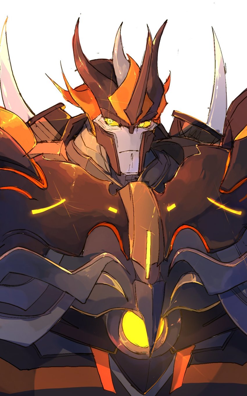 colored_sclera decepticon frown glowing glowing_eyes highres hinomoto_gen looking_to_the_side mecha orange_sclera portrait predaking_(transformers) robot science_fiction solo transformers transformers_prime white_background yellow_eyes