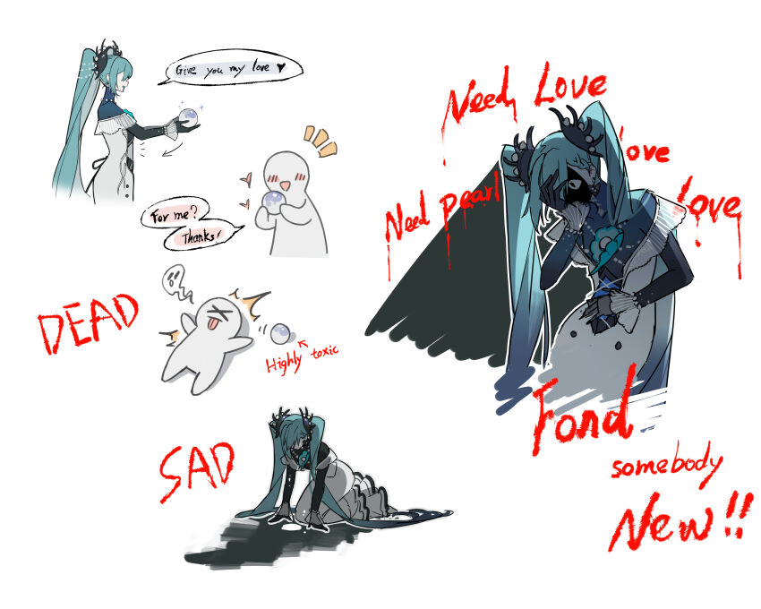 &gt;_&lt; &lt;|&gt;_&lt;|&gt; 1girl 1other :d absurdres arrow_(symbol) blood blue_hair blue_shirt blush_stickers closed_mouth covered_collarbone death dress english_text faceless gem hatsune_miku highres holding kazenemuri long_hair open_mouth pearl_(gemstone) shadow shirt simple_background smile tight_clothes tight_shirt tongue tongue_out twintails very_long_hair vocaloid white_background white_dress