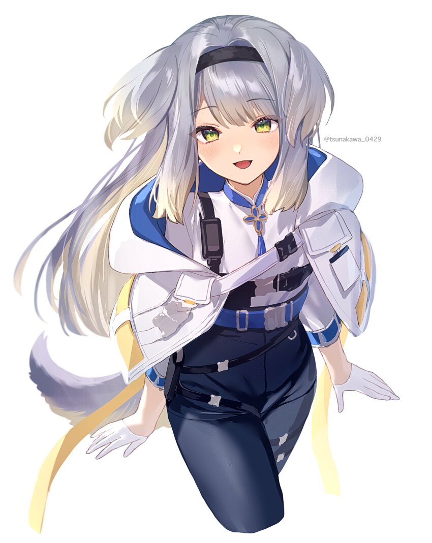 1girl belt black_belt black_headband blonde_hair blue_pantyhose blue_shorts gloves green_eyes grey_hair hat headband highres jacket long_hair neck_tassel nijisanji open_mouth pantyhose pantyhose_under_shorts police_hat shioriha_ruri shioriha_ruri_(1st_costume) shirt shorts smile solo tsunakawa virtual_youtuber white_gloves white_jacket white_shirt