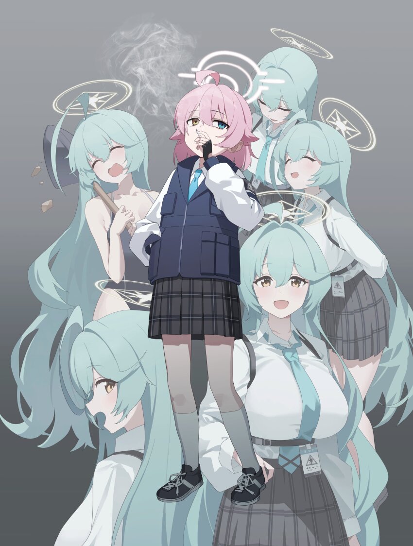 2girls absurdres abydos_high_school_swimsuit ahoge black_footwear black_one-piece_swimsuit black_skirt black_vest blue_archive blue_eyes blue_necktie blush cigarette collared_shirt green_hair grey_socks hair_between_eyes halo heterochromia highres hoshino_(blue_archive) hoshino_(first_year)_(blue_archive) hoshino_(young)_(blue_archive) long_hair long_sleeves multiple_girls multiple_views nagul necktie one-piece_swimsuit open_mouth pink_hair pink_halo pleated_skirt school_swimsuit shirt shoes short_hair skirt smile smoking socks swimsuit vest white_shirt yellow_eyes yellow_halo yume_(blue_archive)