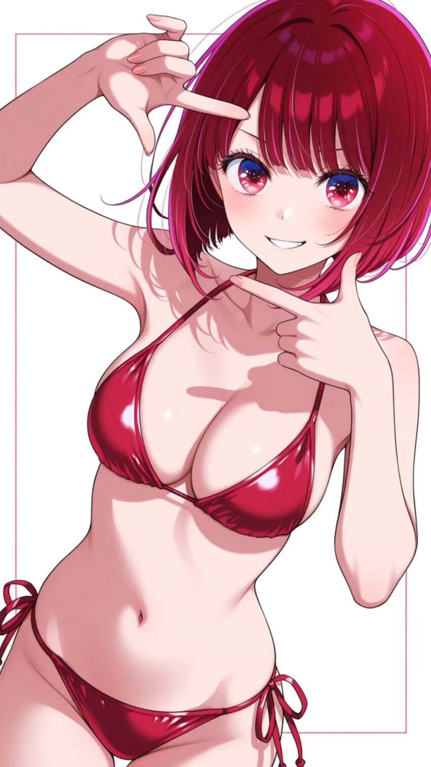 1girl absurdres ai-assisted aiming arima_kana armpits belly bikini bob_cut bra breasts cleavage highres looking_at_viewer medium_breasts midriff navel oshi_no_ko panties pointing red_bikini red_eyes red_hair short_hair simple_background smile solo standing swimsuit thighs underwear white_background