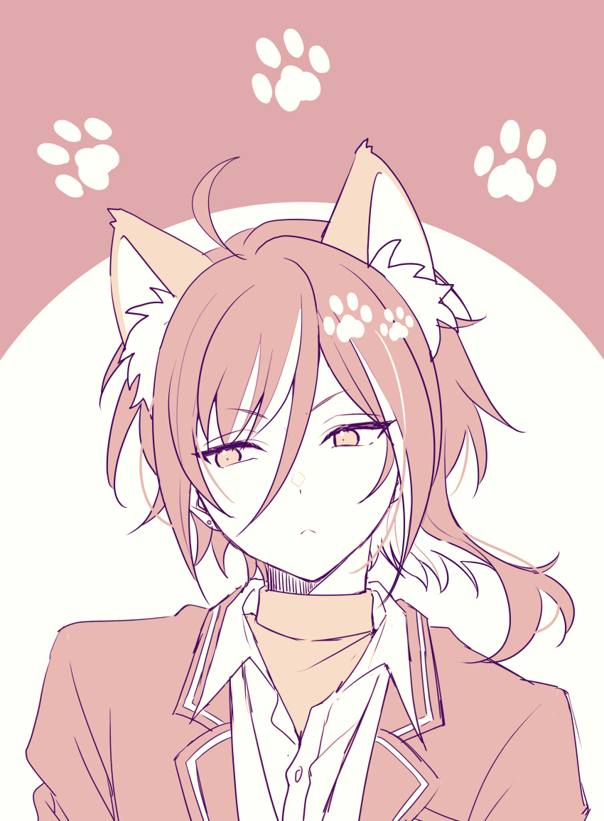 1boy absurdres animal_ears blazer dog_boy dog_ears ensemble_stars! extra_ears facing_viewer highres jacket looking_to_the_side male_focus multicolored_background multicolored_hair orange_eyes paw_print red_background red_hair sakasaki_natsume school_uniform shirt short_hair short_hair_with_long_locks solo take_no_ko turtleneck white_background white_hair yumenosaki_school_uniform
