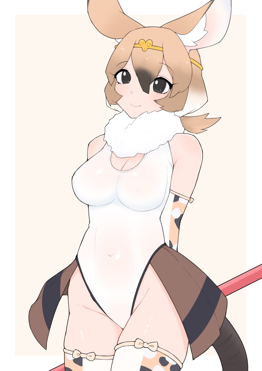 1girl absurdres animal_ear_fluff animal_ears black_eyes blush breasts brown_background brown_hair circlet cleavage closed_mouth commentary cosplay covered_navel cowboy_shot elbow_gloves gambian_rat_(kemono_friends) gloves golden_snub-nosed_monkey_(kemono_friends) golden_snub-nosed_monkey_(kemono_friends)_(cosplay) hair_between_eyes highleg highleg_leotard highres illu_(illu_stratos) kemono_friends large_breasts leotard long_bangs looking_at_viewer mouse_ears mouse_girl mouse_tail short_hair smile solo symbol-only_commentary tail thighhighs two-tone_background white_leotard white_thighhighs