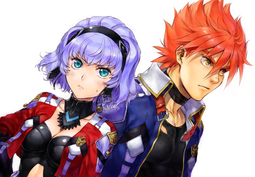 1boy 1girl aqua_centolm bad_id bad_pixiv_id breasts cleavage green_eyes hairband hugo_medio jacket nakamura_kanko orange_hair purple_hair short_hair super_robot_wars super_robot_wars_mx yellow_eyes