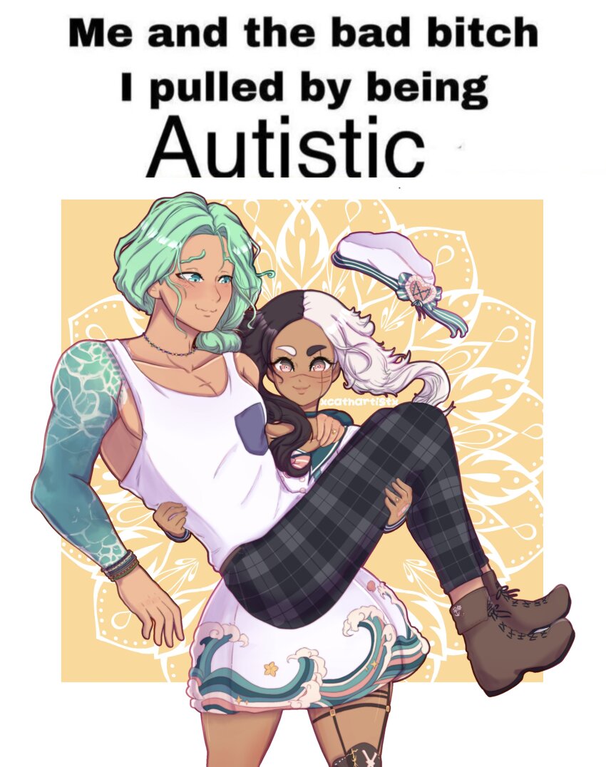 1boy 1girl absurdres bead_necklace beads boots border bracelet brown_boots carrying cove_holden dress english_text full_body green_eyes green_hair hat highres inset_border jewelry long_hair looking_at_another looking_at_viewer low_ponytail main_character_(our_life) me_and_the_bad_bitch_i_pulled_by_being_autistic_(meme) meme multicolored_hair necklace ocean_print our_life:_beginnings_and_always pink_eyes ponytail princess_carry ring short_hair smile sparkling_eyes tank_top tattoo tattoo_sleeve waves wedding_ring white_border white_dress white_tank_top xxcathartistxx yellow_background