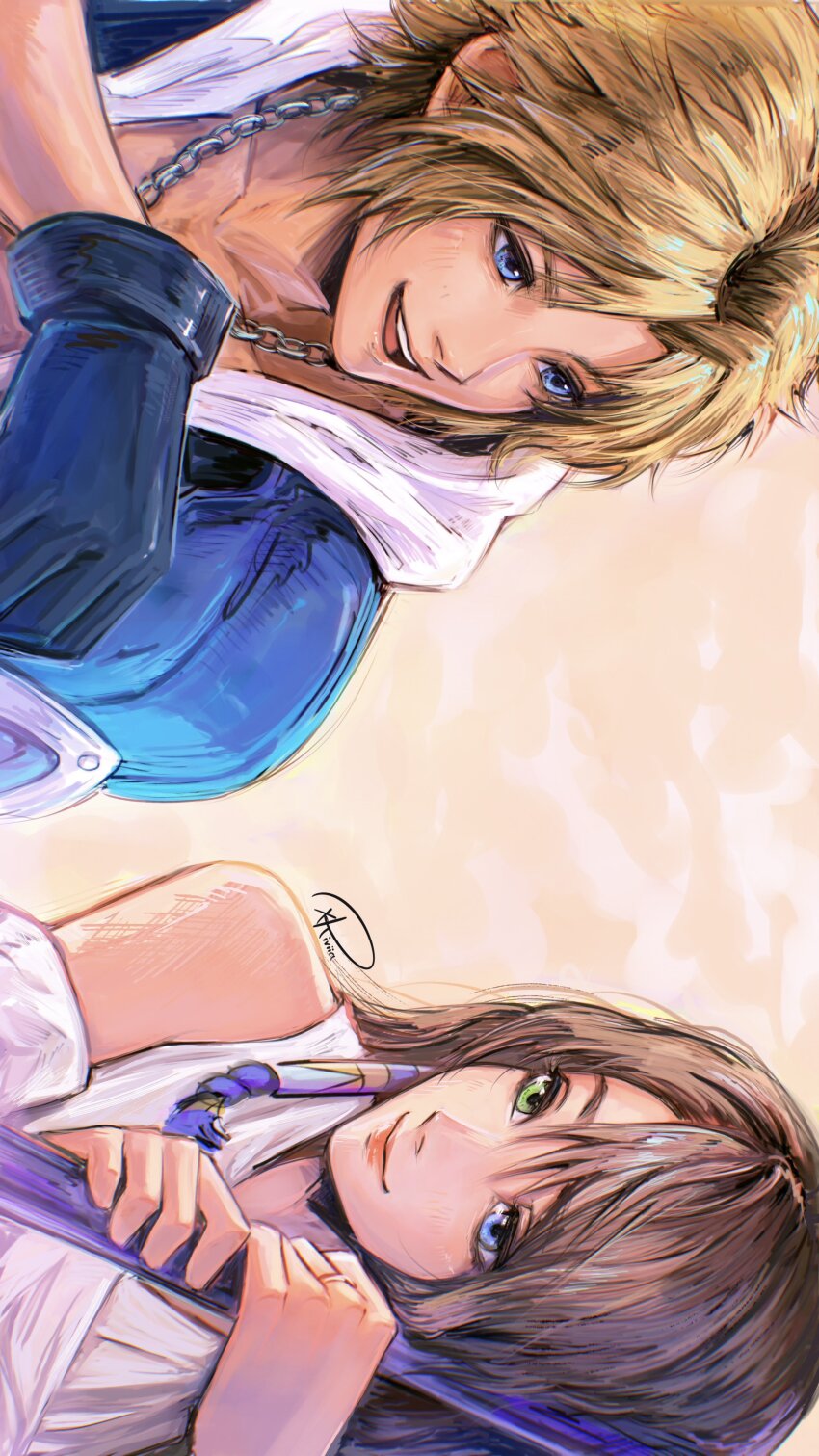 1boy 1girl absurdres black_gloves blonde_hair blue_eyes brown_hair closed_mouth commentary couple english_commentary final_fantasy final_fantasy_x gloves green_eyes heterochromia highres holding holding_staff japanese_clothes jewelry kimono kuroiitulip long_hair necklace open_mouth parted_bangs short_hair signature smile staff teeth tidus upper_teeth_only white_background white_kimono yuna_(ff10)