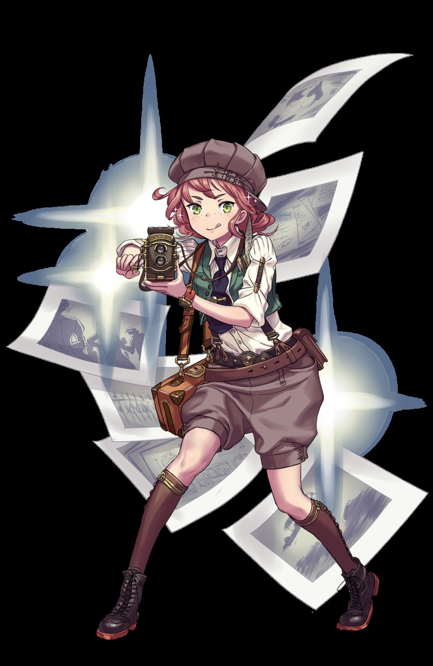 1girl belt belt_pouch black_necktie black_shoes briefcase brown_hat brown_legwear brown_shorts camera cathy_higgins female_focus freckles full_body green_eyes hat highres licking_lips looking_at_viewer medium_hair necktie official_art pen photo_(object) pocket pouch princess_principal princess_principal_game_of_mission red_hair shoes shorts solo standing suspenders tongue tongue_out transparent_background twin-lens_reflex_camera vest watch wristwatch