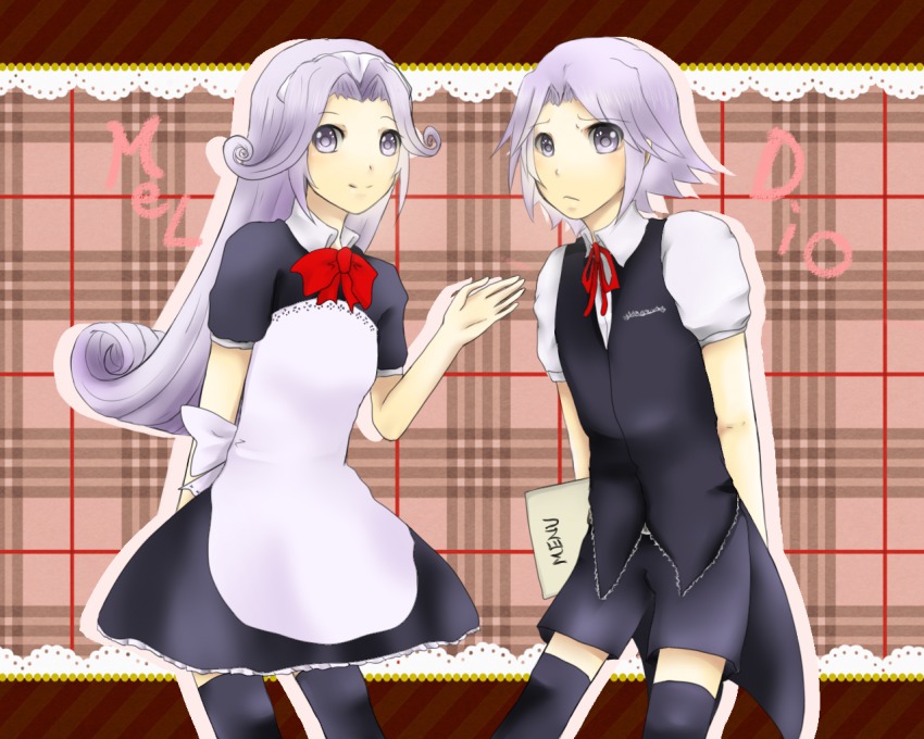 1boy 1girl apron character_name dio_(tales) dress long_hair maid_headdress mel_(tales) purple_eyes purple_hair ribbon short_hair shorts smile tales_of_(series) tales_of_phantasia:_narikiri_dungeon tales_of_phantasia:_narikiri_dungeon_x thighhighs vest