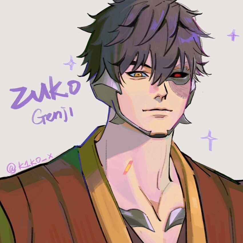 1boy avatar:_the_last_airbender avatar_legends black_sclera character_name closed_mouth collarbone colored_sclera commentary_request cosplay cyborg genji_(overwatch) genji_(zuko) heterochromia highres k1ko_x looking_ahead male_focus official_alternate_costume overwatch overwatch_2 red_eyes red_robe robe scar scar_on_face solo twitter_username upper_body yellow_eyes zuko zuko_(cosplay)