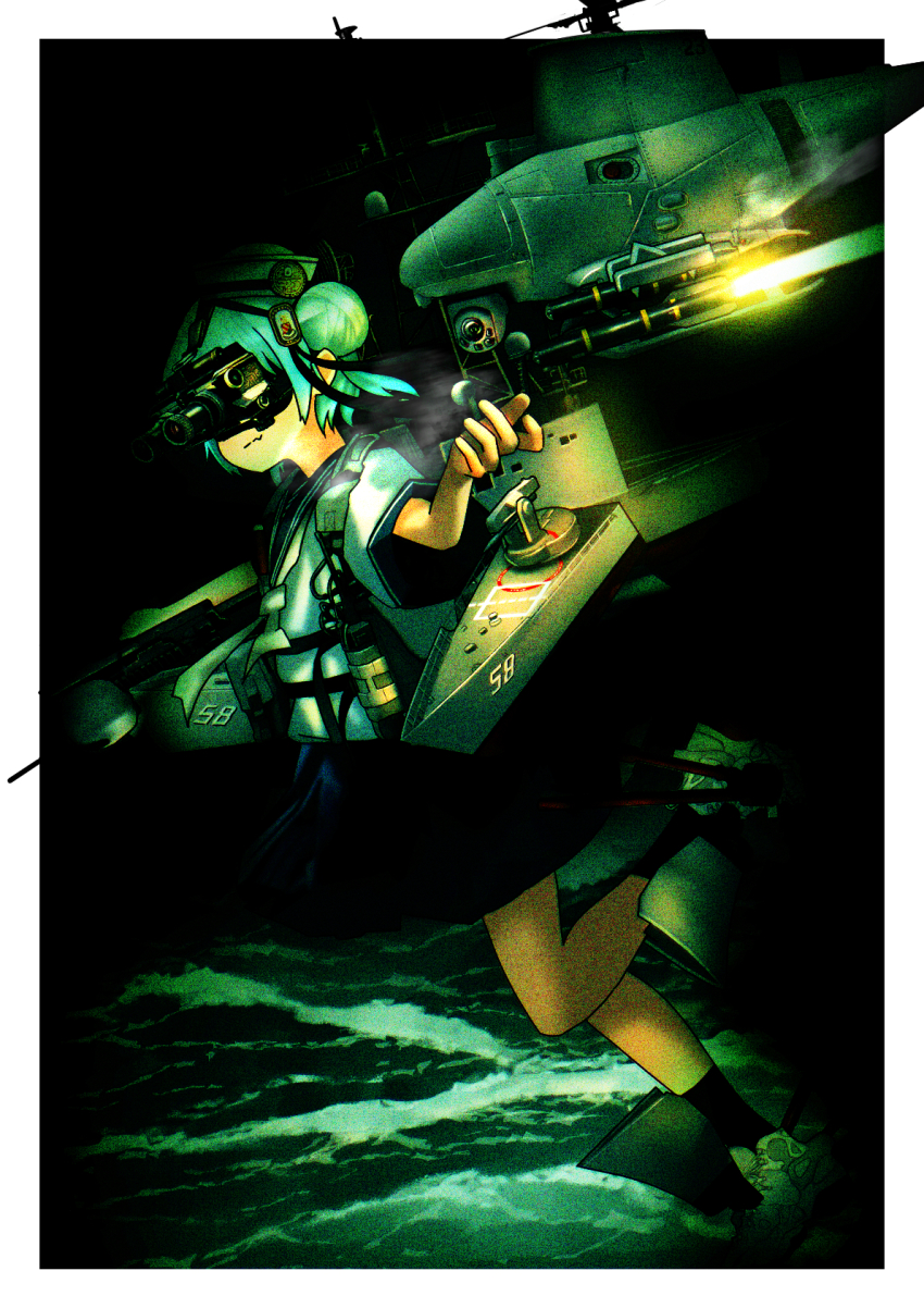1girl adapted_turret agm-114_hellfire arm_up blue_hair blue_sailor_collar blue_skirt closed_mouth commentary_request dixie_cup_hat double_bun drone green_theme hair_bun hat hat_ribbon highres kantai_collection leg_up military_hat missile name_connection neckerchief night night_sky night_vision_device ocean ribbon rigging rudder_footwear sailing sailor_collar samuel_b._roberts_(kancolle) skirt sky timmyyen uss_samuel_b._roberts_(ffg-58)