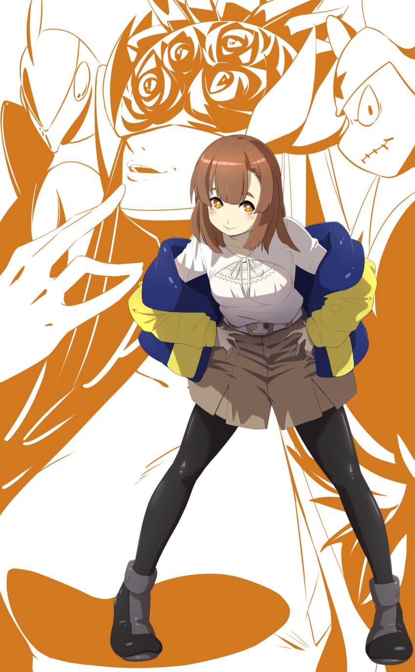2girls black_pantyhose blue_jacket breasts brown_eyes brown_hair brown_shorts cendrillmon digimon digimon_(creature) digimon_card_game digimon_liberator full_body highres jacket kinosaki_arisa medium_breasts medium_hair multiple_girls off_shoulder orange_theme pantyhose shirt shorts solo_focus taira_(tairamon) white_shirt yellow_jacket
