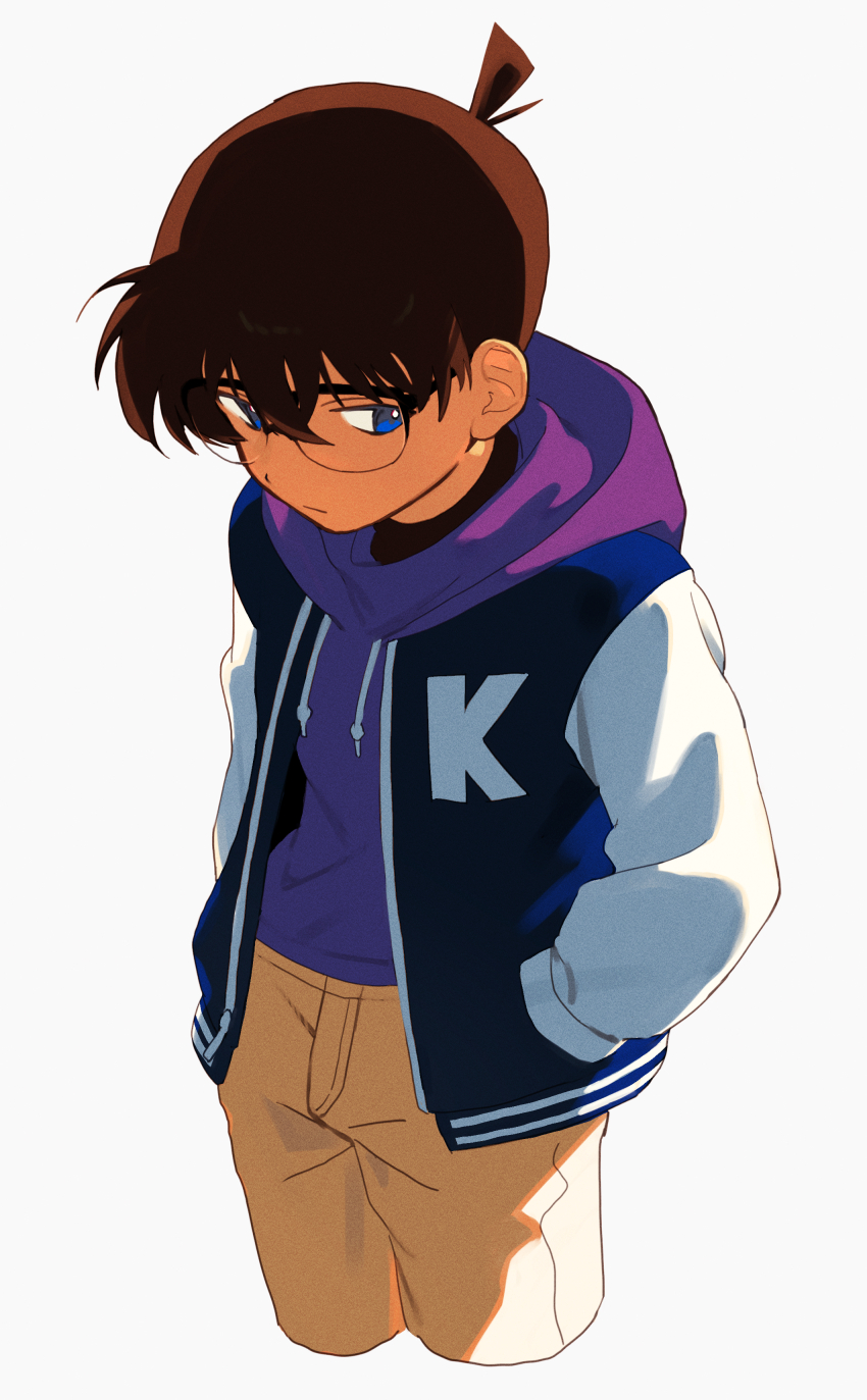 1boy absurdres black-framed_eyewear black_hair blue_eyes brown_hair child closed_mouth collared_shirt cropped_legs edogawa_conan glasses hair_between_eyes highres jacket kalappo_empty letterman_jacket long_sleeves looking_to_the_side male_focus meitantei_conan sad shirt short_hair solo white_background
