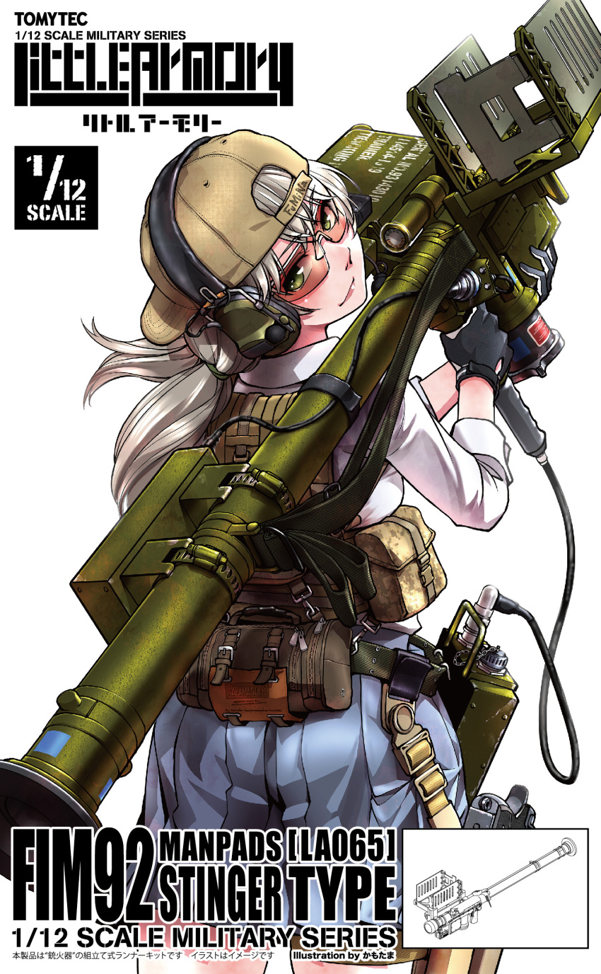 1girl absurdres artist_name backwards_hat baseball_cap belt black_gloves blue_skirt brown-tinted_eyewear brown_bag brown_hat brown_vest buckle bulletproof_vest cable camouflage commentary_request company_name copyright_name cowboy_shot desert_camouflage digital_camouflage english_text fim-92_stinger from_behind gloves green_belt green_eyes gun hair_tie hat headset highres holding holding_weapon holster holstered kamotama lineart lips little_armory long_hair looking_at_viewer man-portable_air-defense_system missile_launcher optical_sight over_shoulder pleated_skirt radio rocket_launcher safety_glasses second-party_source shirt simple_background skirt three-quarter_sleeves sleeves_rolled_up solo tinted_eyewear tomytec utility_belt vest weapon weapon_name weapon_over_shoulder white_background white_hair white_shirt