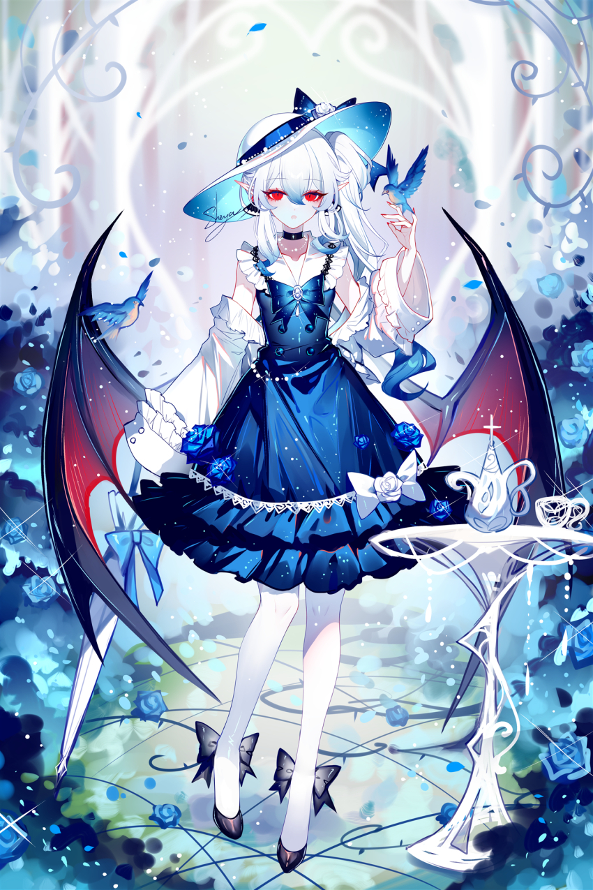 1girl artist_name bare_shoulders bird black_choker black_shoes blue_dress choker detached_sleeves dress full_body hat highres long_hair long_sleeves looking_at_viewer original pantyhose parted_lips red_eyes sheya shoes side_ponytail signature solo standing very_long_hair white_hair white_hat white_pantyhose wings