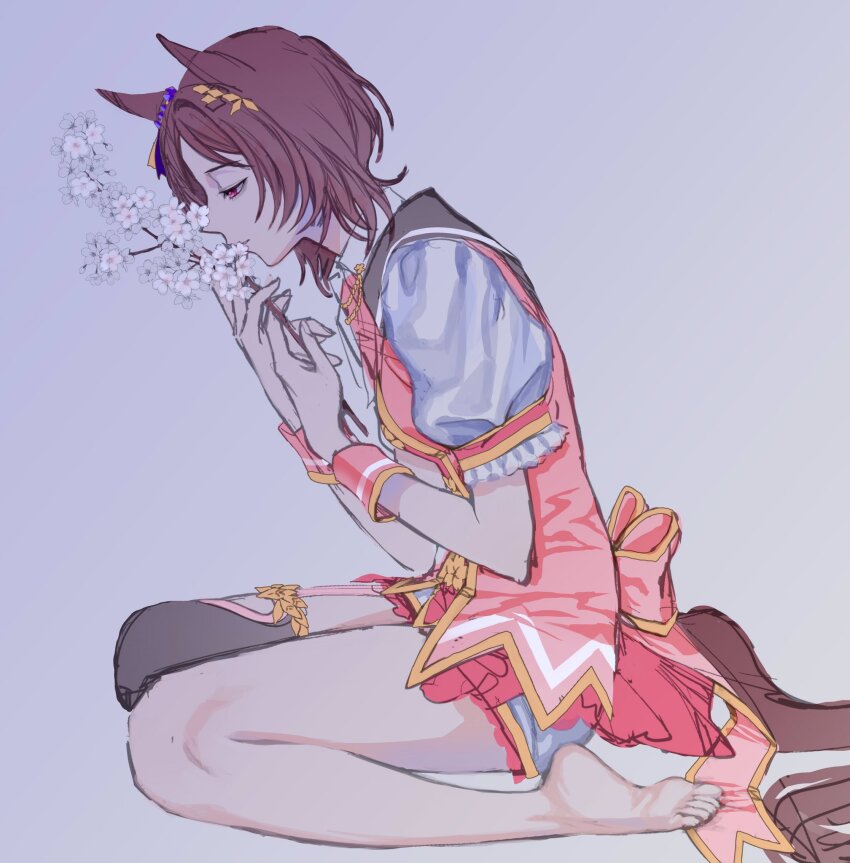 1girl animal_ears branch brown_hair cherry_blossoms closed_mouth flower from_side gradient_background half-closed_eyes highres holding holding_branch horse_ears horse_girl horse_tail jacket ni_kogori no_shoes pink_jacket red_eyes sakura_laurel_(umamusume) shirt short_hair short_shorts short_sleeves shorts single_thighhigh sitting sleeveless sleeveless_jacket solo tail thighhighs toes umamusume wariza white_shirt white_shorts wrist_cuffs