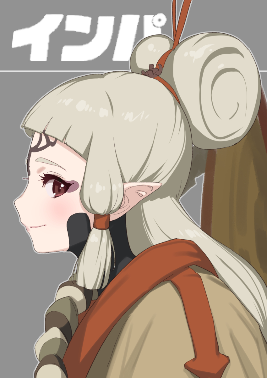 1girl ajirogasa brown_eyes character_name closed_mouth commentary_request eye_symbol facial_mark forehead_mark from_side green322 grey_hair hair_bun hair_ornament hair_stick hat hat_on_back highres hyrule_warriors:_age_of_calamity impa long_hair looking_at_viewer low-tied_long_hair nintendo pointy_ears sheikah single_hair_bun smile solo the_legend_of_zelda the_legend_of_zelda:_breath_of_the_wild unworn_hat unworn_headwear