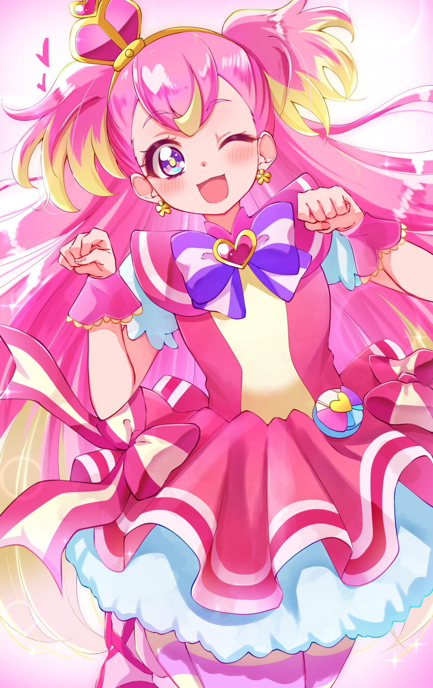1girl ;d absurdres blonde_hair blue_eyes blush bow bright_pupils brooch character_name commentary cowboy_shot crown cure_wonderful dot_nose dress dress_bow earrings hairband heart heart_brooch highres inukai_komugi jewelry leg_up long_hair magical_girl mini_crown multicolored_bow multicolored_eyes multicolored_hair multicolored_pantyhose one_eye_closed open_mouth pantyhose paw_pose petticoat pink_background pink_crown pink_dress pink_hair pink_shoes pink_theme pink_wrist_cuffs pouch precure puffy_sleeves purple_bow purple_eyes shoes short_dress smile solo standing standing_on_one_leg streaked_hair striped_bow striped_clothes striped_pantyhose sugimura_mickey textless_version tilted_headwear two-tone_hair two_side_up wonderful_precure! wrist_cuffs yellow_hairband