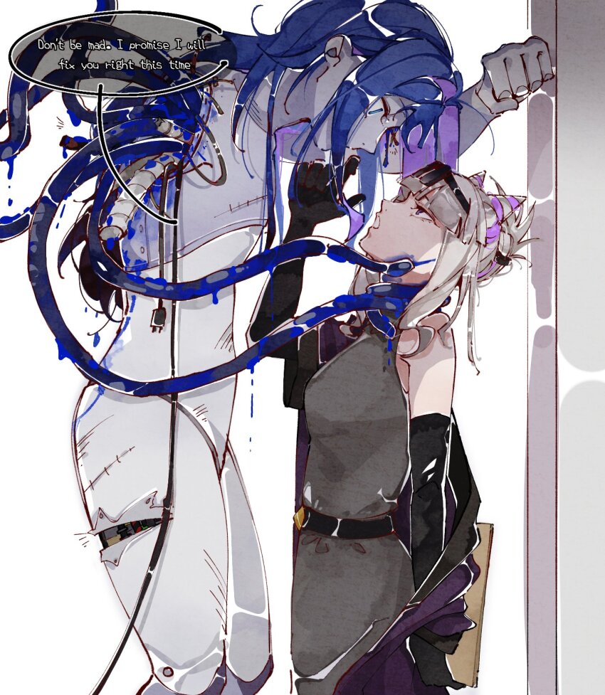 2girls android blonde_hair blood blue_blood blue_hair english_text eye_contact hair_horns hand_on_another&#039;s_face highres knights_of_guinevere looking_at_another mechanical_tentacles multicolored_hair multiple_girls olivia_park par_sato princess_guinevere purple_hair robot speech_bubble tall_female two-tone_hair yuri