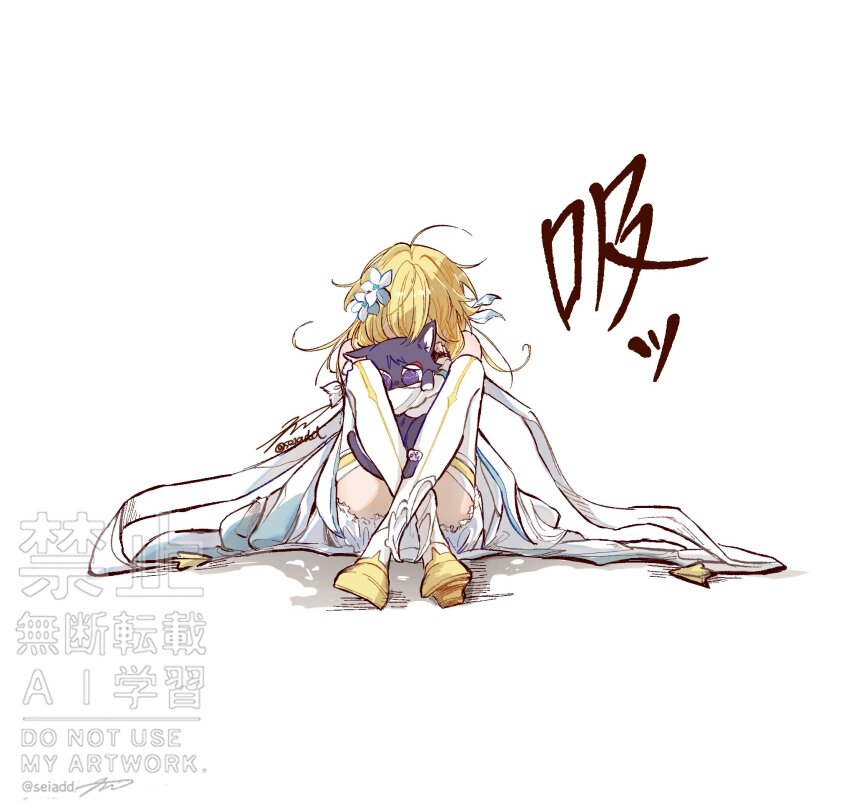 1girl ahoge animal animalization blonde_hair bloomers cat detached_sleeves dress facing_viewer feather_hair_ornament feathers flower full_body genshin_impact hair_flower hair_ornament highres holding holding_animal holding_cat knees_up lumine_(genshin_impact) person_and_animalization purple_cat scaramouche_(cat)_(genshin_impact) scaramouche_(genshin_impact) scarf seiadd shadow short_hair sitting thighhighs twitter_username underwear vambraces watermark white_bloomers white_dress white_feathers white_flower white_scarf white_sleeves white_thighhighs yellow_trim