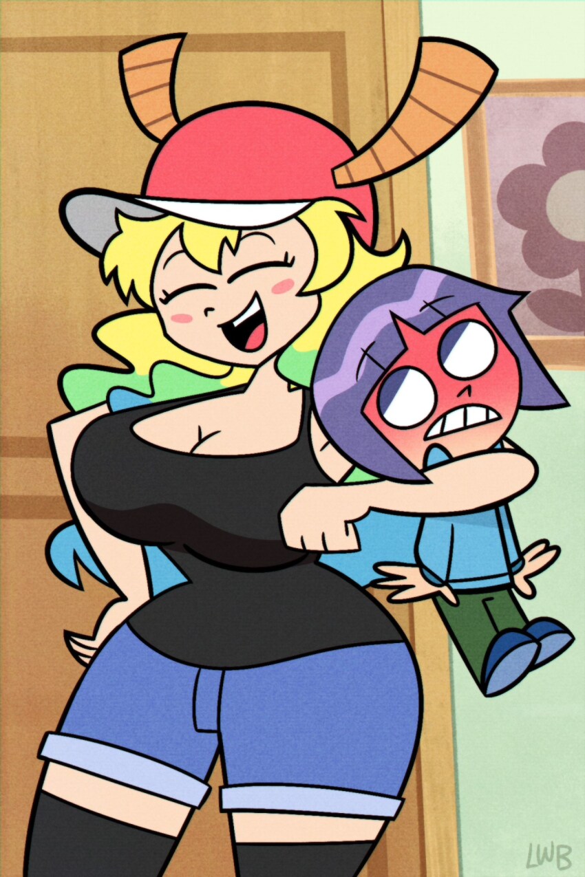 1boy 1girl breasts cartoonized closed_eyes hat highres horns huge_breasts large_breasts lolwutburger long_hair lucoa_(maidragon) magatsuchi_shouta miss_kobayashi&#039;s_dragon_maid multicolored_hair parody purple_eyes purple_hair short_hair short_pants style_parody toon_(style)
