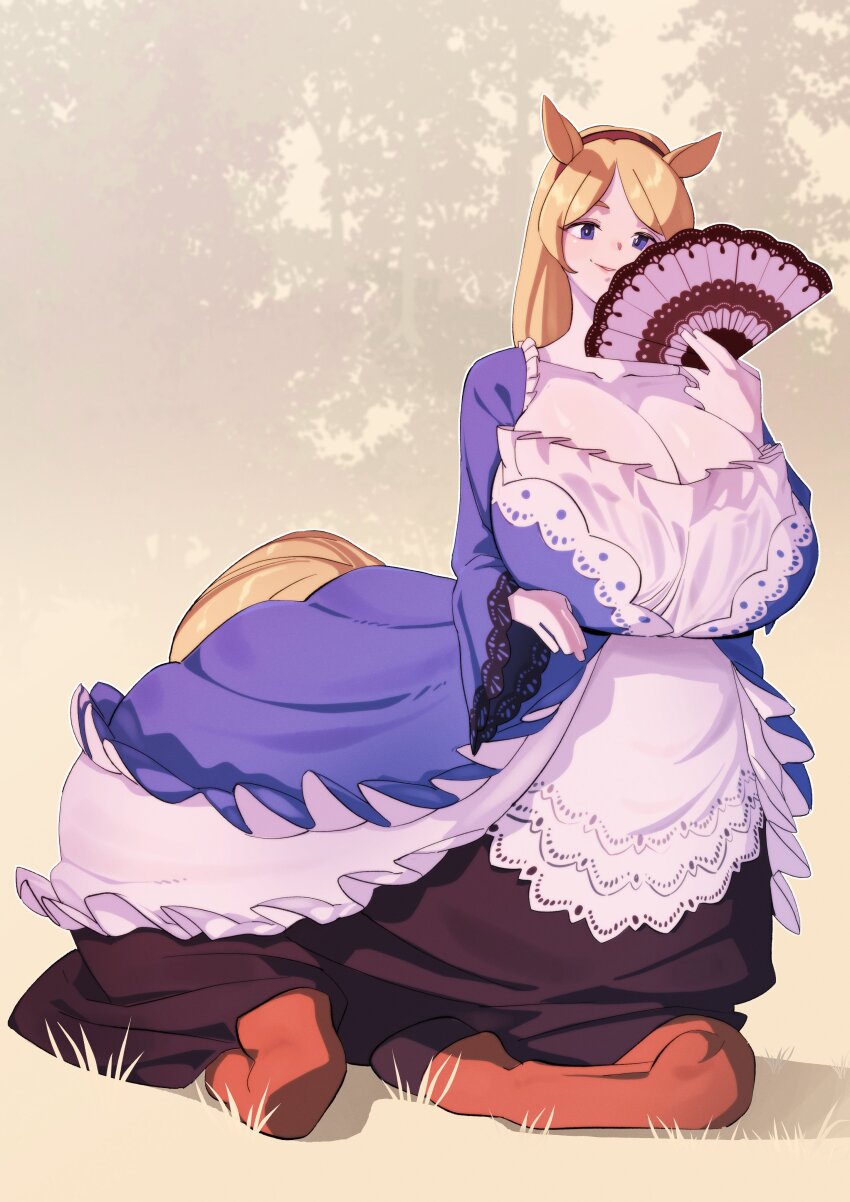 1girl absurdres animal_ears blue_dress blue_eyes borrowed_character breasts brown_fur brown_hairband centaur cleavage collarbone commentary commission dress english_commentary estelle_bellegarde_(cassarah) frilled_dress frills full_body hairband hand_fan highres holding holding_fan hooves horse_ears horse_tail huge_breasts ibnu_rusydi layered_dress long_hair original outdoors parted_bangs sitting smile solo tail taur white_dress yellow_tail