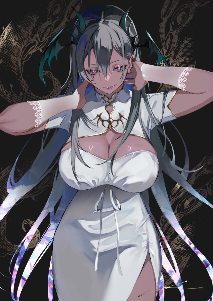 1girl arm_warmers blue_eyes blue_hair breasts cleavage cleavage_cutout clothing_cutout colored_inner_hair commentary_request cowboy_shot demon_wings dress dress_ribbon eyelashes gold_trim gradient_hair grey_hair hair_between_eyes hands_up head_wings highres indie_virtual_youtuber lace-trimmed_arm_warmers lam_(ramdayo) large_breasts lips long_dress long_hair looking_down mole mole_under_mouth multicolored_hair pochimaru_(vtuber) pochimaru_(vtuber)_(4th_costume) see-through_arm_warmers shrug_(clothing) side_slit solo teardrop_facial_mark tentacles virtual_youtuber white_dress wings