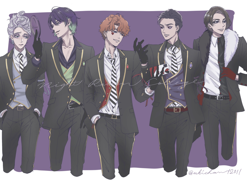 5boys 8-foot_joe apple_poison black_gloves black_hair brown_hair cellphone commentary_request cowboy_shot cropped_legs disney disneyland gloves highres holding holding_phone jack_heart male_focus marfie mr._dalmatia multiple_boys night_raven_college_uniform phone purple_background purple_hair recruiters_(disney) school_uniform short_hair simple_background smartphone ukichan12011 vest