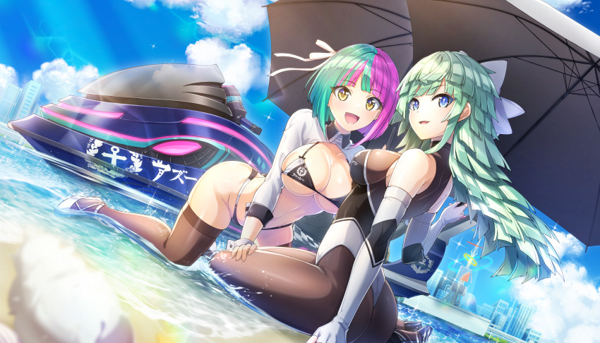 2girls ass atago_(azur_lane) atago_(azur_lane)_(cosplay) atago_(stunning_speedster)_(azur_lane) azur_lane bikini blue_eyes blunt_bangs breasts butt_crack collared_shirt cosplay dolphin_wave dutch_angle elbow_gloves game_cg gloves green_hair hair_ribbon helly_lewis highres holding holding_umbrella kishimen_hair kneeling large_breasts long_hair looking_back medium_breasts multicolored_hair multiple_girls non-web_source official_art ootomo_takuji pantyhose purple_hair race_queen ribbon selena_lewis shirt short_hair siblings sisters sitting sitting_on_water skindentation smile swimsuit takao_(azur_lane) takao_(azur_lane)_(cosplay) takao_(full_throttle_charmer)_(azur_lane) thighhighs two-tone_hair umbrella wrist_cuffs yellow_eyes yokozuwari