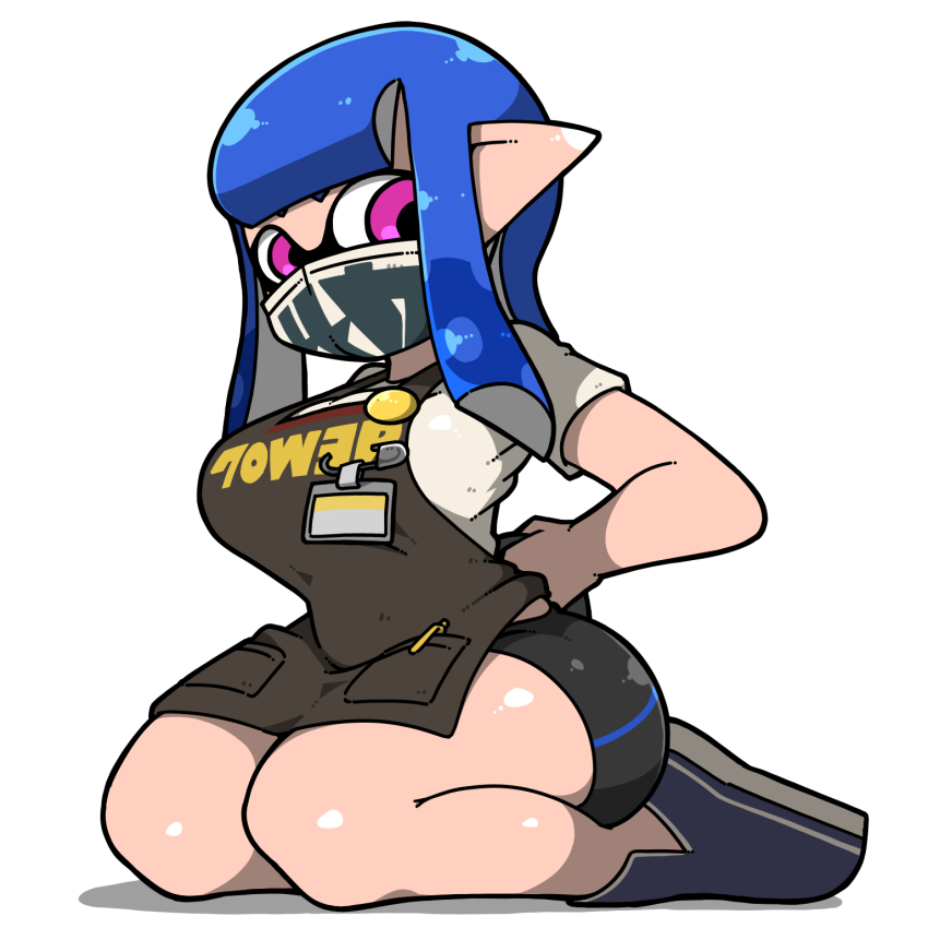1girl apron badge bike_shorts black_apron black_shorts blue_hair blue_shoes breasts button_badge full_body highres inkling inkling_girl inkling_player_character large_breasts long_hair mask mouth_mask name_omoitukan2 name_tag nintendo object_in_pocket pen_in_pocket pink_eyes pocket pointy_ears shadow shiny_skin shirt shoes short_sleeves shorts simple_background sitting solo splatoon_(series) tentacle_hair thick_lineart tying_apron white_background white_shirt