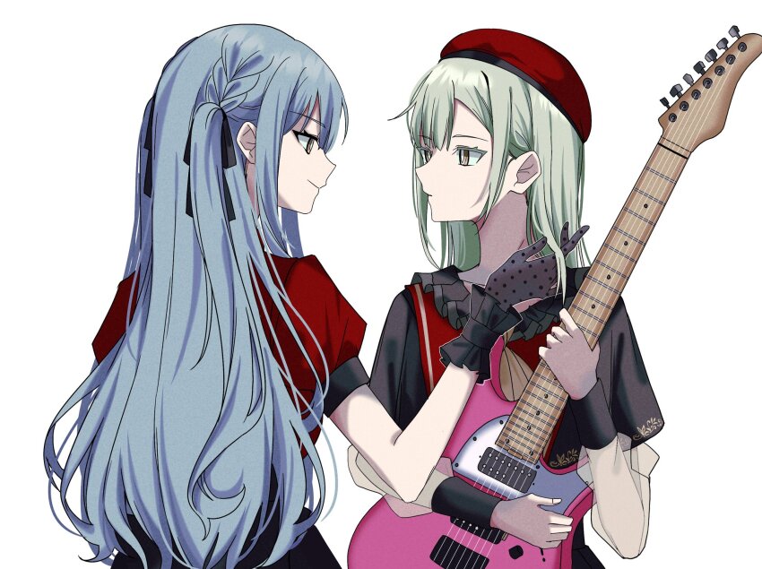 2girls ascot bang_dream! bang_dream!_it&#039;s_mygo!!!!! beret black_capelet black_collar black_gloves black_ribbon black_skirt black_sleeve_cuffs blue_hair braid bucishiro capelet closed_mouth collar colored_eyelashes eye_contact fingernails frilled_collar frilled_wrist_cuffs frills gloves green_hair guitar hair_between_eyes hand_up hat highres holding holding_another&#039;s_hair holding_guitar holding_instrument instrument long_hair long_sleeves looking_at_another looking_to_the_side mortis_(bang_dream!) mortis_(costume)_(bang_dream!) multiple_girls no_mask oblivionis_(bang_dream!) parted_lips profile puffy_short_sleeves puffy_sleeves red_capelet red_hat red_shirt ribbon ribbon_hair see-through_clothes see-through_gloves see-through_sleeves shirt short_sleeves side_braids sidelocks simple_background single_stripe skirt striped_capelet swept_bangs togawa_sakiko two_side_up upper_body very_long_hair wakaba_mutsumi white_background wrist_cuffs yellow_ascot yellow_eyes
