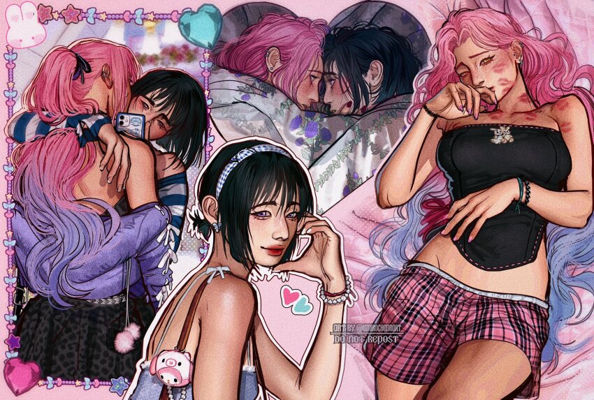 2girls alien_stage alternate_costume animal_print black_hair black_shirt black_skirt blue_hair blue_jacket bracelet butterfly_earrings cellphone closed_mouth commentary ear_piercing earrings english_commentary forehead-to-forehead gingham_hairband gradient_hair half-heart_hands heads_together heart-shaped_gem highres holding holding_phone jacket jewelry leopard_print lipstick_mark lipstick_mark_on_chest lipstick_mark_on_face lipstick_mark_on_shoulder low_ponytail lying midriff mizi_(alien_stage) multicolored_hair multiple_girls off_shoulder on_side phone piercing pink_hair pink_skirt plaid_clothes plaid_skirt ponytail purple_eyes red_nails shirt short_ponytail skirt smartphone smile strapless strapless_shirt striped_arm_warmers sua_(alien_stage) two-tone_hair umikochannart yellow_eyes yuri