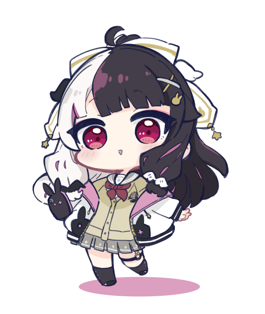 1girl :&gt; absurdres ahoge black_hair black_shoes black_socks blush bow brown_cardigan cardigan chibi colored_shadow commentary_request drawstring grey_hair grey_sailor_collar grey_skirt hair_bow highres jacket long_sleeves multicolored_hair neckerchief nijisanji nozo_(hitomiz) open_clothes open_jacket pink_hair pleated_skirt ponytail puffy_long_sleeves puffy_sleeves red_eyes red_neckerchief sailor_collar shadow shirt shoes simple_background skirt socks solo streaked_hair triangle_mouth two-tone_hair virtual_youtuber white_background white_bow white_jacket white_shirt yorumi_rena yorumi_rena_(9th_costume)
