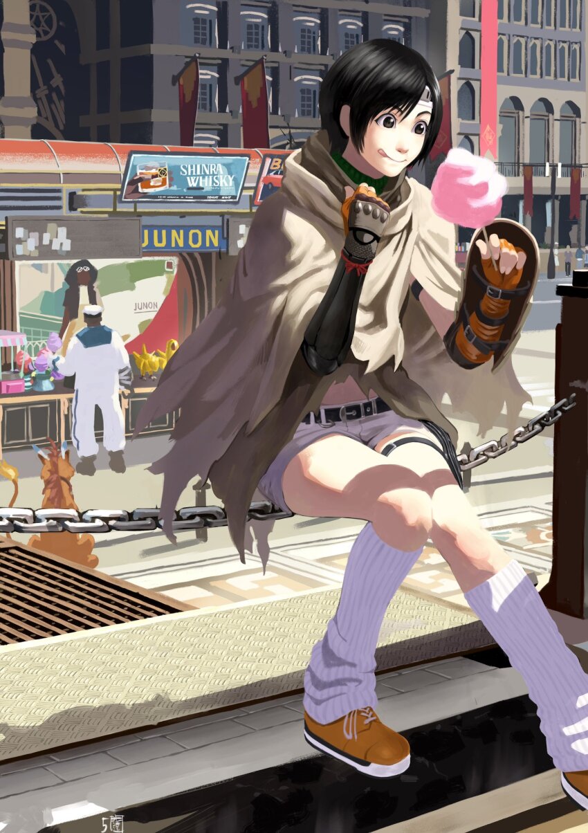 1girl 2boys 5tatsu barret_wallace barret_wallace_(junon_naval_crew) belt belt_buckle black_hair buckle building chain cloak commentary_request final_fantasy final_fantasy_vii final_fantasy_vii_rebirth final_fantasy_vii_remake fingerless_gloves food gloves headband highres holding holding_food kneehighs midriff_peek multiple_boys official_alternate_costume orange_shoes outdoors red_xiii shoes short_hair shorts sitting socks standing tongue tongue_out white_socks yuffie_kisaragi