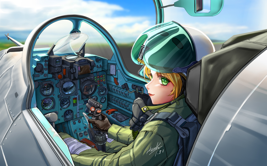 1girl absurdres aircraft airplane blonde_hair close-up cockpit controller dated flight_suit g-suit green_eyes green_jumpsuit gunsight helmet highres holding holding_stick hunk03 jet joystick jumpsuit looking_at_viewer mask military_vehicle on_chair open_cockpit oxygen_mask pilot pilot_helmet pilot_suit sideways_glance signature sitting solo stick su-25 unworn_mask war_thunder
