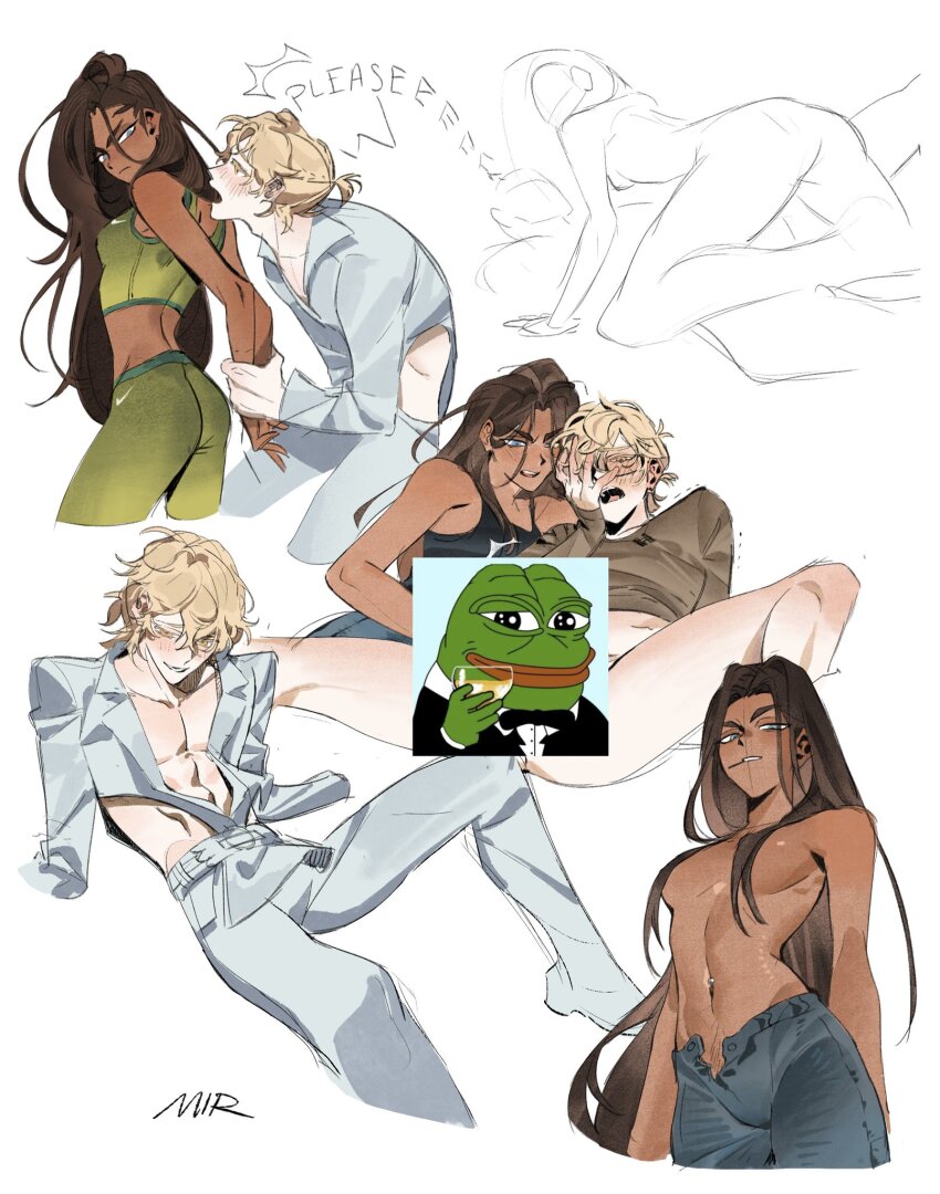 1boy 1girl alien_stage art_program_in_frame black_tank_top blonde_hair blue_pants blush breasts brown_hair brown_shirt censored commentary crop_top dark-skinned_female dark_skin glasses grabbing_another&#039;s_arm green_leggings green_tank_top grey_eyes grey_pants grey_shirt hair_over_breasts hand_on_own_face hashtag-only_commentary hetero highres hyuna_(alien_stage) leggings long_hair luka_(alien_stage) multiple_views navel_piercing open_fly open_mouth pants pepe_the_frog piercing reach-around rightgate shirt short_hair signature tank_top topless_female trembling very_long_hair yellow_eyes
