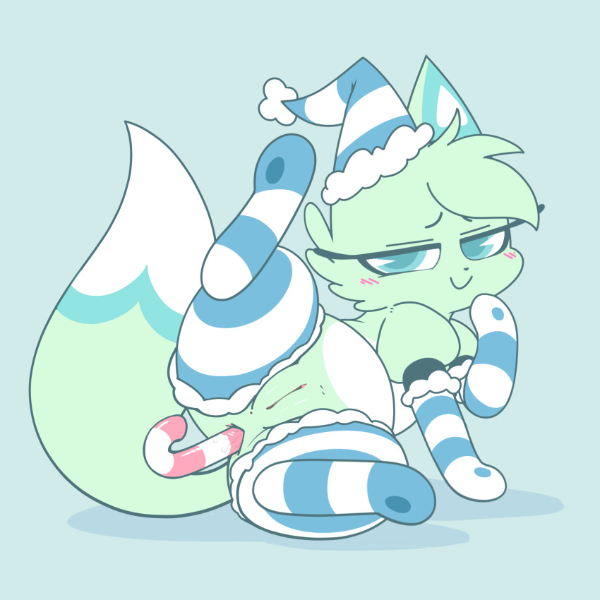 1girl absurdres anal anal_object_insertion animal_sexualization anus arm_up ass blue_background blue_eyes candy cat_girl character_request chikn_nuggit cleft_of_venus clitoris closed_mouth feet female_focus female_masturbation food glasses green_hair hat highres kekitopu masturbation object_insertion pussy shadow simple_background slushi_(chikn_nuggit) smile solo spread_legs tail thighhighs uncensored