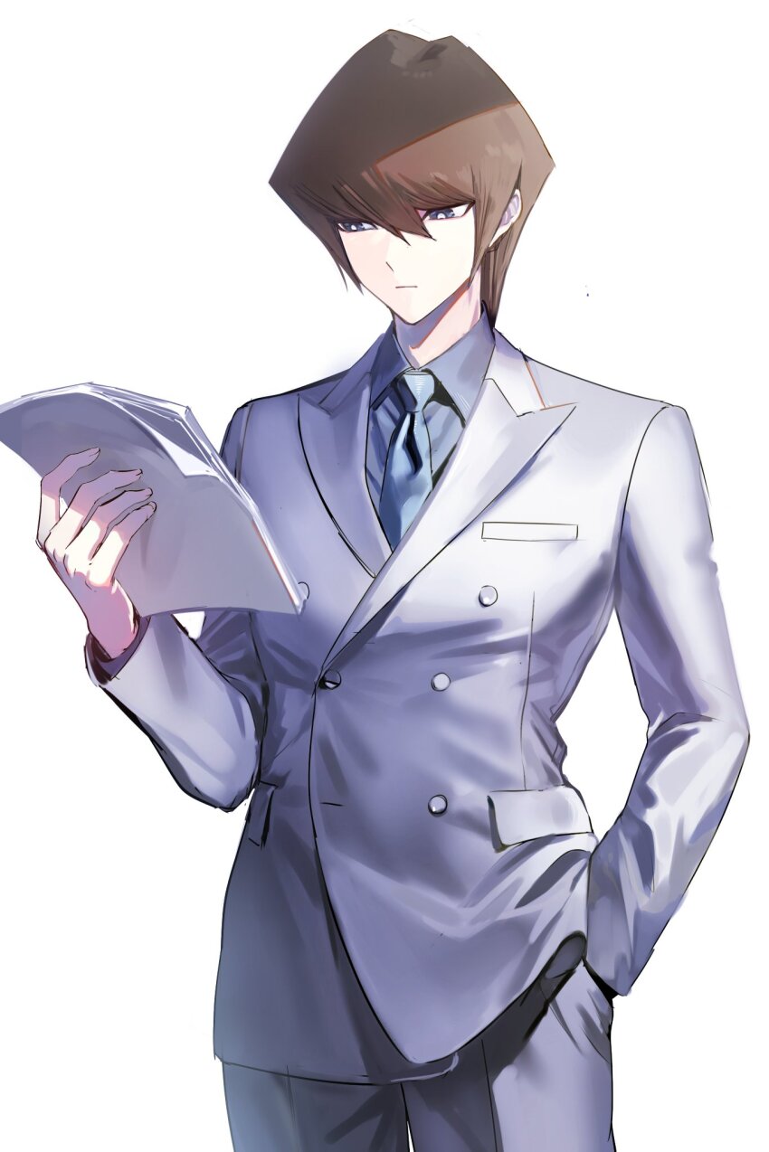 1boy bright_pupils brown_hair formal_clothes grey_eyes hand_in_pocket highres holding holding_paper kaiba_seto male_focus moemoenomori pants paper shirt simple_background solo suit white_background white_pants white_pupils white_shirt white_suit yu-gi-oh! yu-gi-oh!_duel_monsters