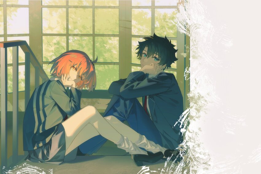 arm_rest black_hair black_jacket black_scrunchie blazer blue_eyes blue_pants collared_shirt fate/grand_order fate_(series) fujimaru_ritsuka_(female) fujimaru_ritsuka_(male) grey_skirt hair_ornament hair_scrunchie head_rest highres idass_(idass16) jacket lapels loafers long_sleeves looking_at_viewer loose_socks necktie notched_lapels official_alternate_costume one_side_up orange_eyes pants pleated_skirt red_necktie school_uniform scrunchie shirt shoes sitting skirt socks white_shirt window