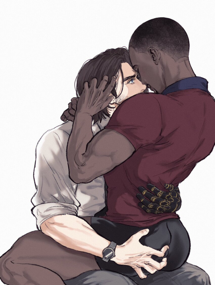 2boys back black_hair black_shorts blue_eyes brown_hair bucky_barnes closed_mouth dark-skinned_male dark_skin facial_hair grabbing_another&#039;s_ass grey_pants groping highres looking_at_another male_focus marvel marvel_cinematic_universe multiple_boys muscular muscular_male pants prosthesis prosthetic_arm red_shirt sam_wilson shirt short_hair short_sleeves shorts simple_background sitting sitting_on_person sleepyuncle1 smile t-shirt watch white_background white_shirt wristwatch yaoi