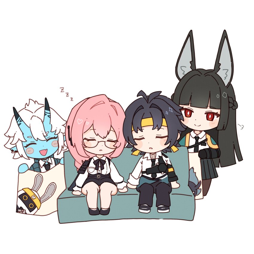 1boy 3girls absurdres animal_ears asaba_harumasa asaboo_(zenless_zone_zero) black_hair black_necktie black_skirt blue_skin blush chibi closed_mouth colored_skin couch dress_shirt fox_ears fox_girl glasses green_jacket headband high-waist_skirt highres horns hoshimi_miyabi jacket long_hair multiple_girls necktie on_couch oni open_mouth parted_lips pencil_skirt pink_hair pointy_ears red_eyes sazisazi50 shirt short_hair simple_background sitting skirt sleeping smile soukaku_(zenless_zone_zero) standing white_background white_hair white_shirt yellow_headband zenless_zone_zero