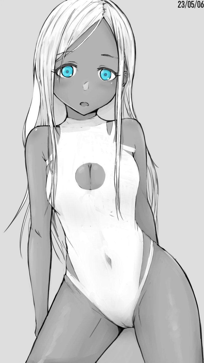 1girl :o aqua_eyes breasts cameltoe cleavage_cutout clothing_cutout covered_navel dark-skinned_female dark_skin dated greyscale highres idolmaster idolmaster_cinderella_girls koitusmile layla_(idolmaster) long_hair looking_at_viewer medium_breasts monochrome one-piece_swimsuit sidelocks simple_background solo spot_color straight_hair swept_bangs swimsuit very_long_hair